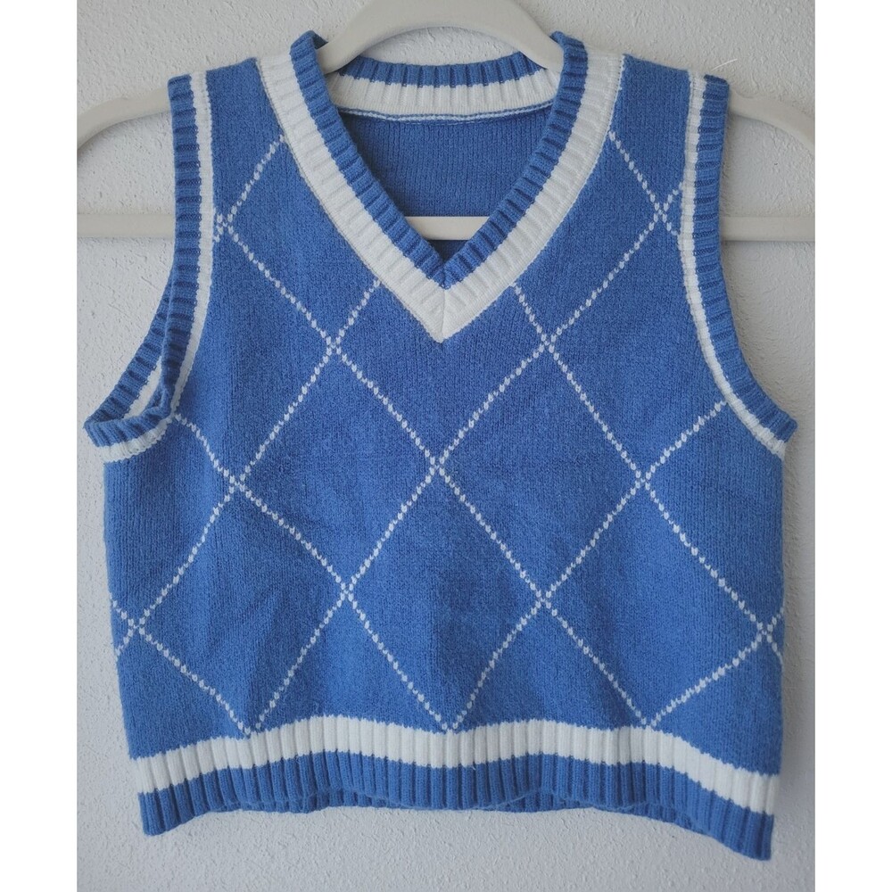 Blue Argyle Sweater Vest Womens Small V Neck Knit Crop Preppy Cottagecore